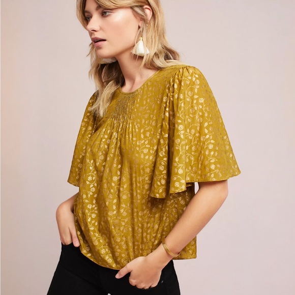 ST. Roche Mustard Floral Hope Metallic Silk Top SZ L - Picture 2 of 6